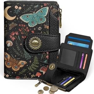 Floral Black Leather Wallet with Butterfly Accents